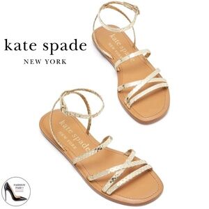 Kate Spade Womens Cove Metallic Gold Snake Leather Flat Ankle strap Sandals 6.5